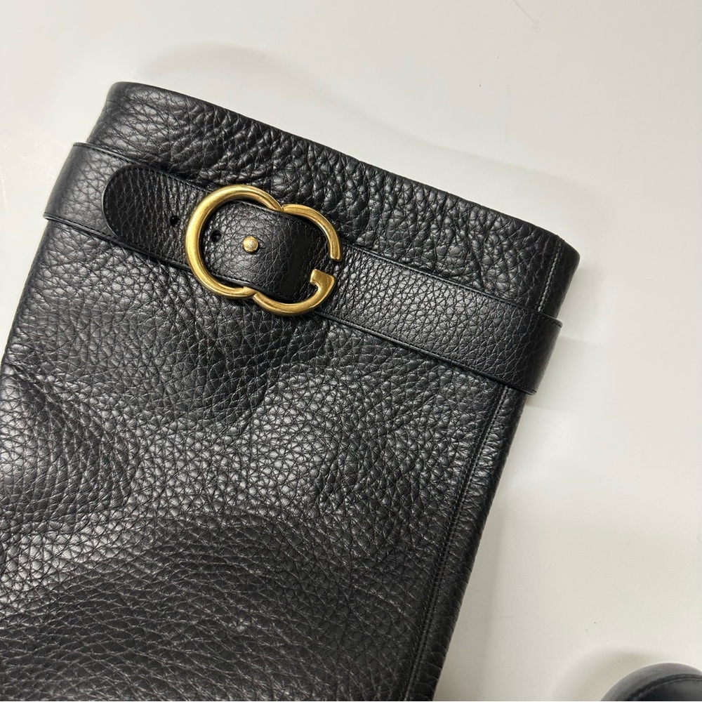 Gucci Women’s Black Leather Knee-High Heeled Boots with gold GG buckle strap - Picture 8 of 12
